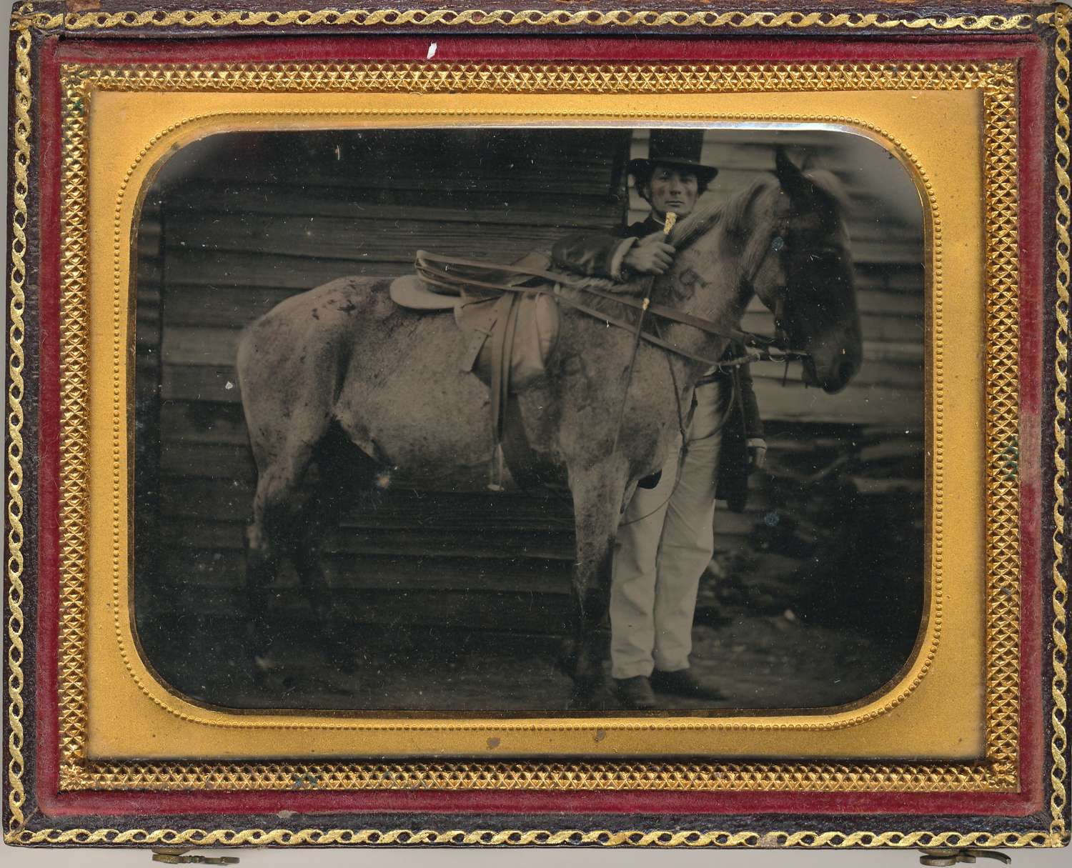 1/4 Plate Hand Tinted Ambrotype of A Gentleman with Horse C1860