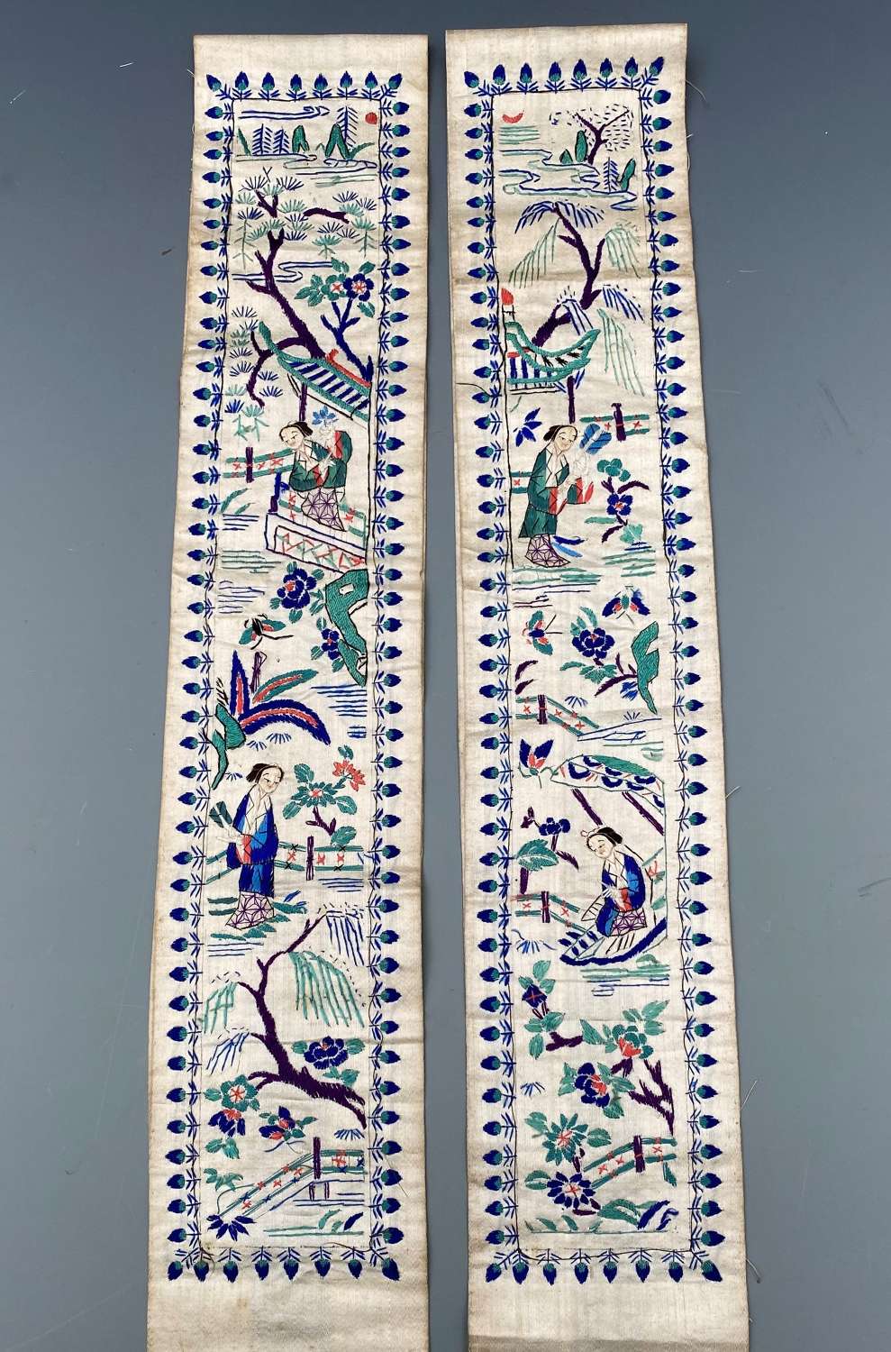 Antique Chinese Silk Embroidered Pair of Sleeve Bands