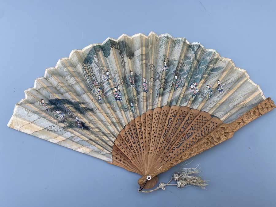 Antique Chinese hand painted Fan on carved sandalwood