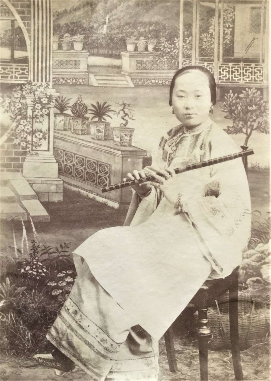 Chinese Bound Feet Lady Play a Flute China C1880