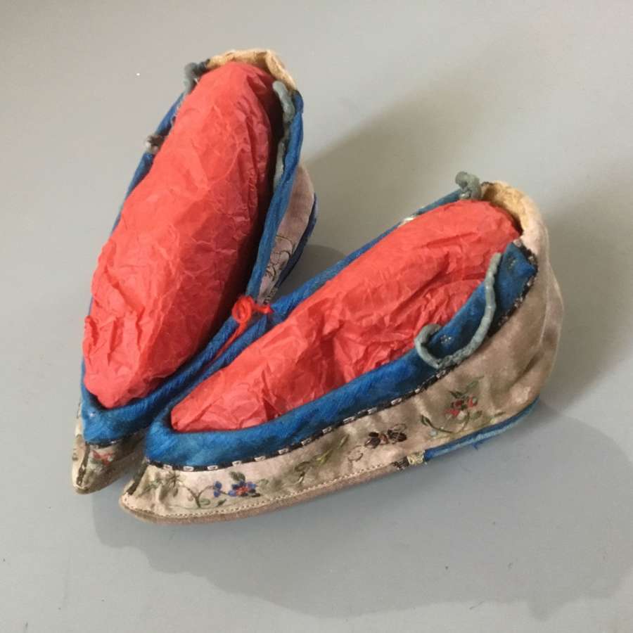 Antique Chinese Silk Embroidered  Bound Feet Shoes