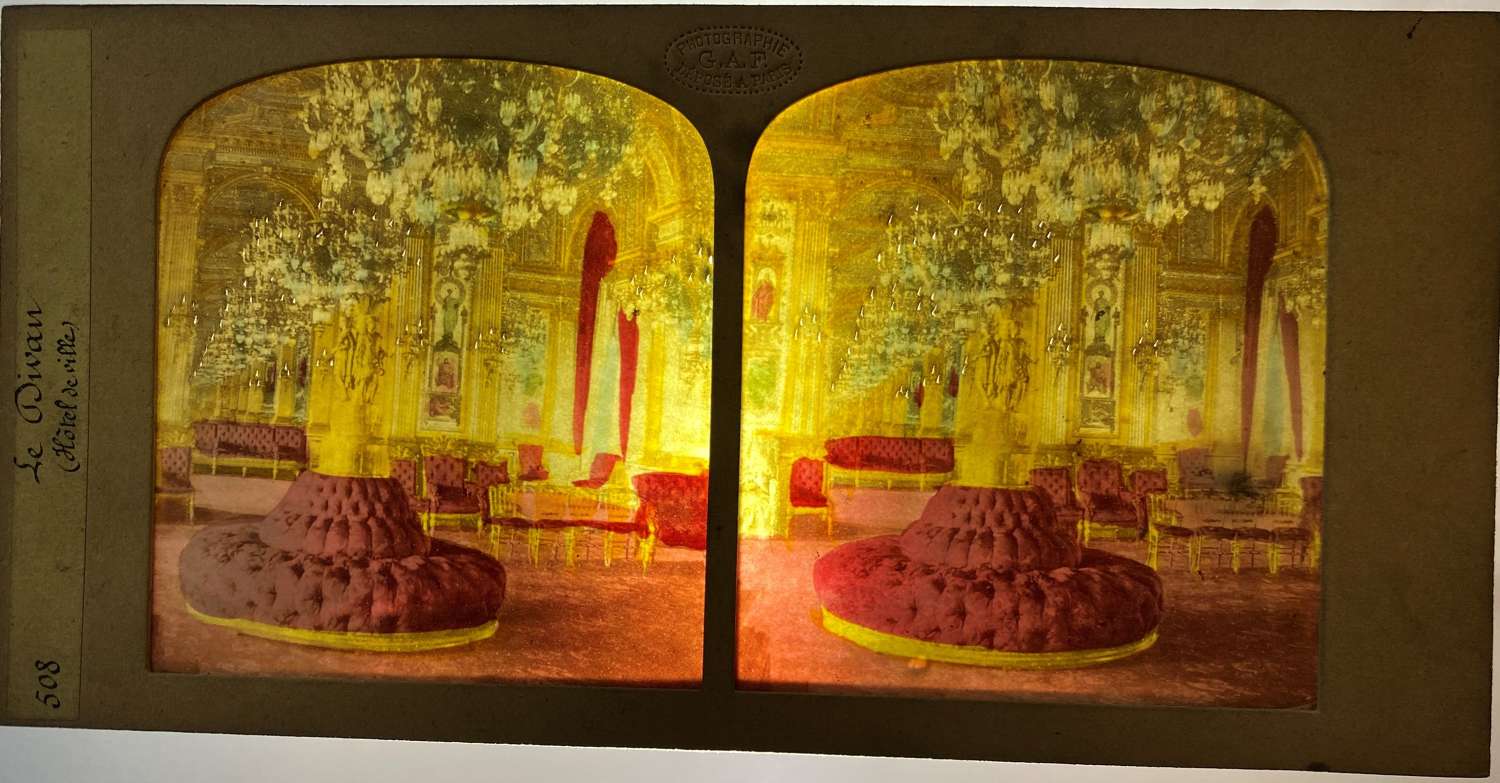 Tissue Hold to Light Stereoview card Hotle De Ville Paris France G.A.F