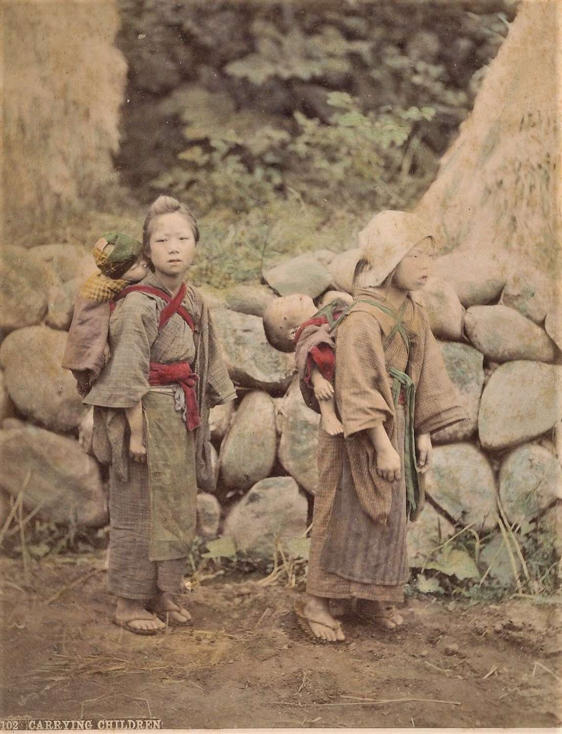 Hand Coloured Photo Carrying Children Japan By Kusakabe Kimbei.