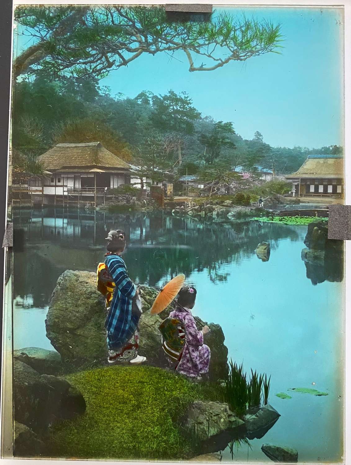 Autochrome Glass Photo Garden View and Two Japanese Girls Japan
